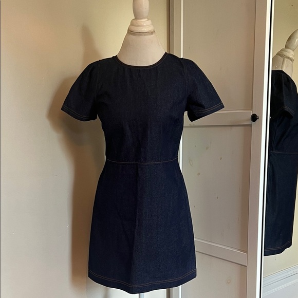 Ann Taylor Classic Dark Wash Denim Blue Mini Short Sleeve Dress Size 6P - Picture 2 of 10